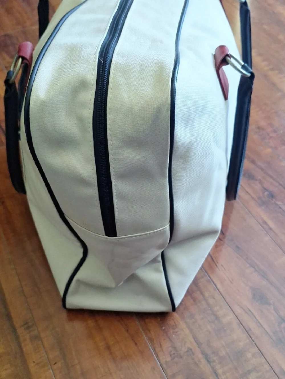 Estee Lauder Cream Duffel Weekender Vintage Bag Handles White, Red & Blue